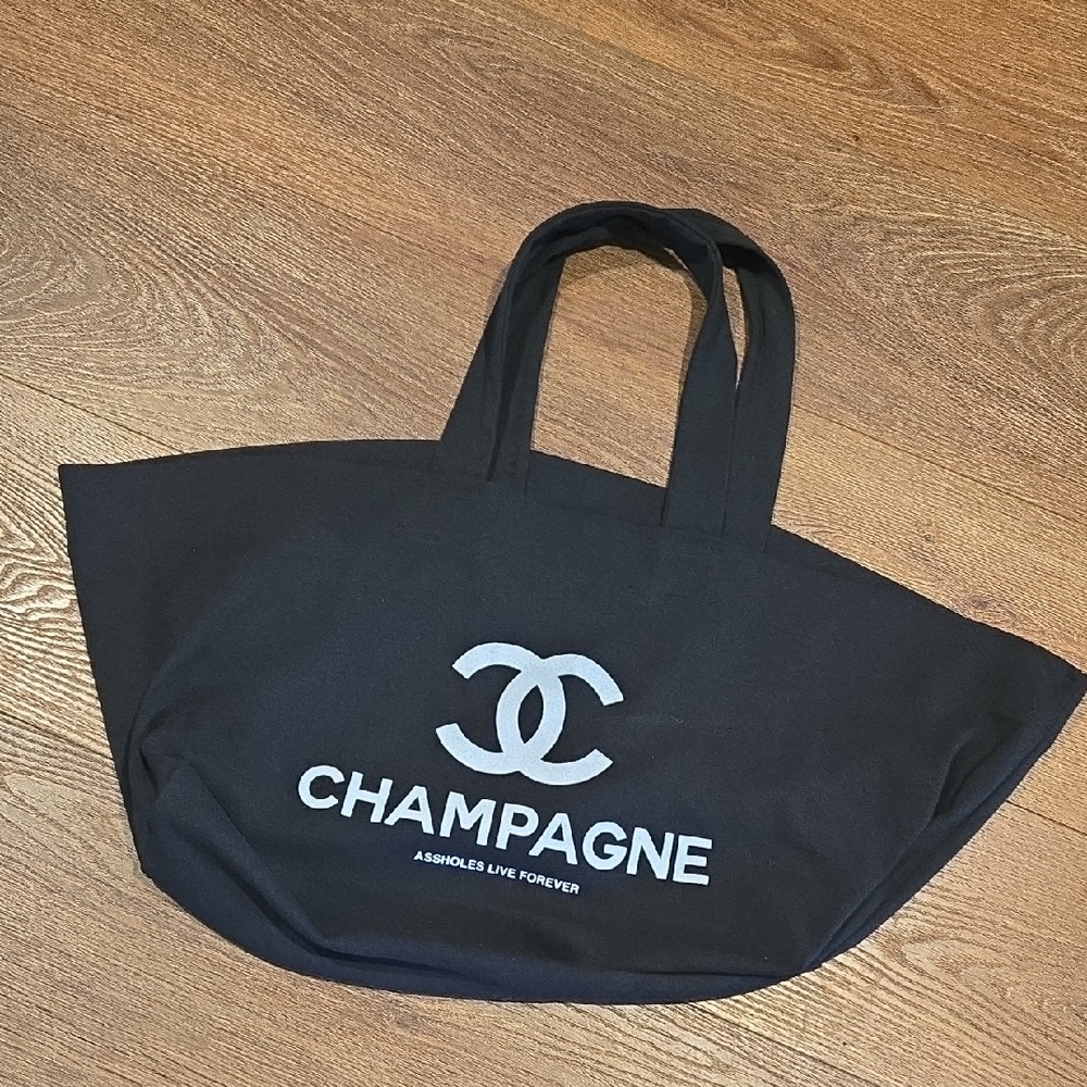 CHAMPAGNE ASSHOLES LIVE FOREVER BLAck COTTON TOTE BAG.   #7228